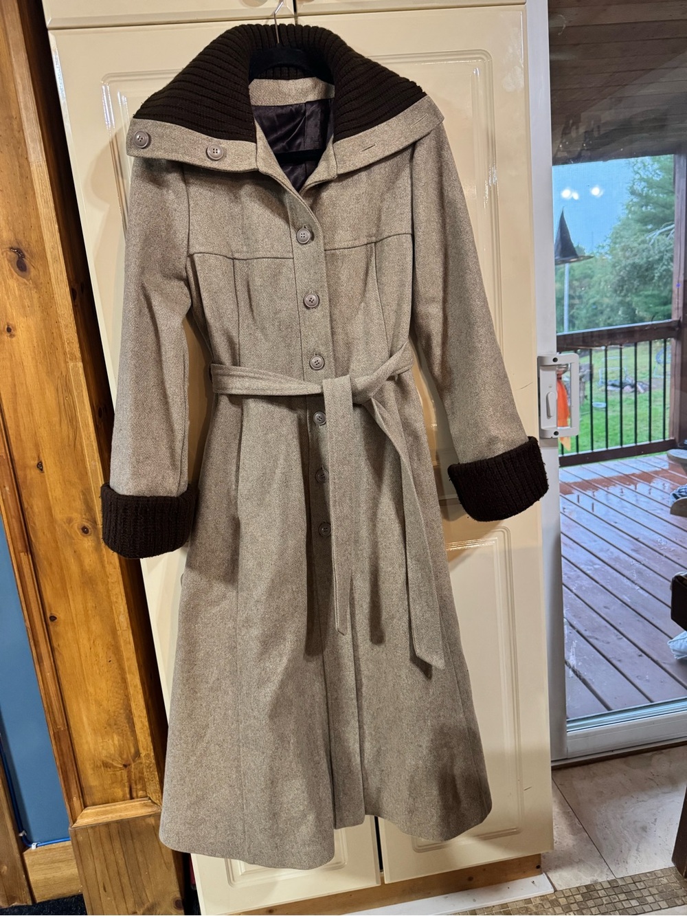 Womens Taupe Belted Wool-Blend Trench Coat with Dark Knit Trim